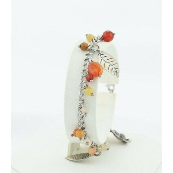 Sterling Silver Leaf Charm Bracelet Orange, Red,Yellow, Quartz Beads 7 inch - Picture 7 of 9